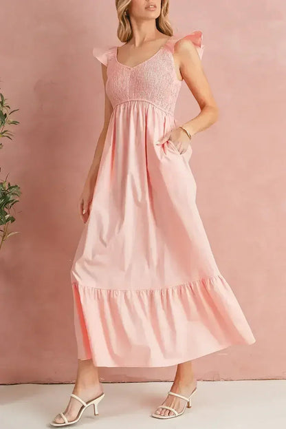 Black V Neck Flutter Sleeve Smocked Bodice High Waist Ruffle Maxi Dress