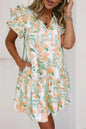 Sky Blue Floral Contrast Edge Ruffle Sleeve Tie Neck Mini Dress