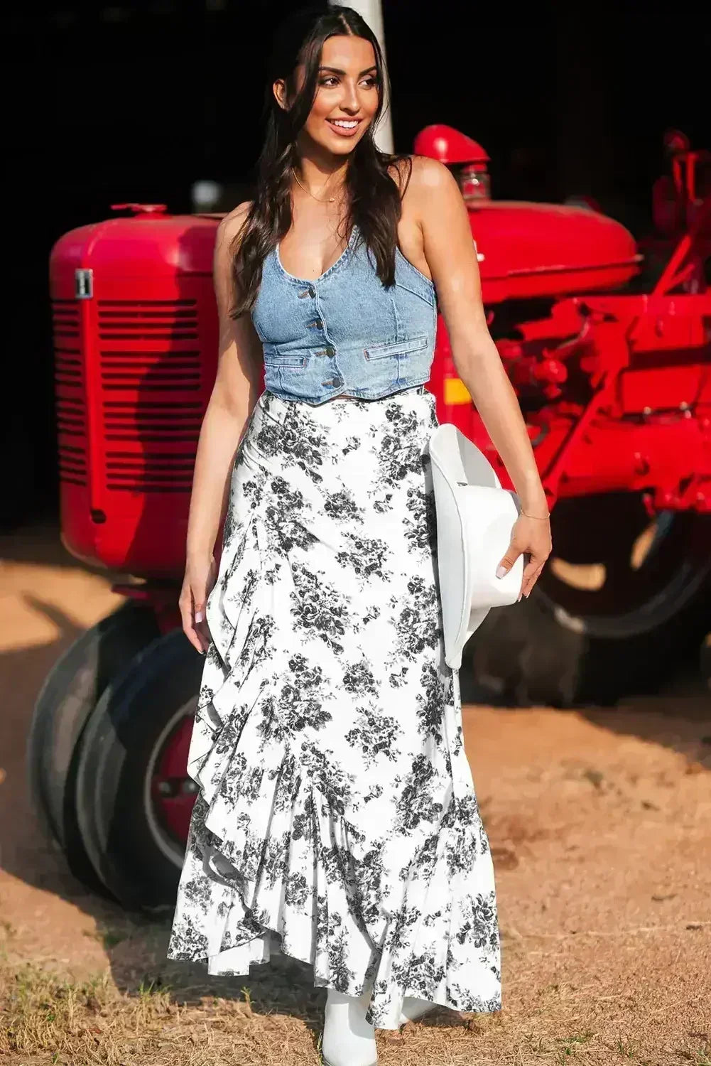 Sky Blue Boho Floral High Waist Ruffle Split Maxi Skirt