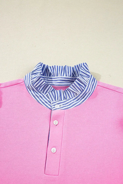 Pink Striped Collar Long Sleeve Ruffle Hem Dress