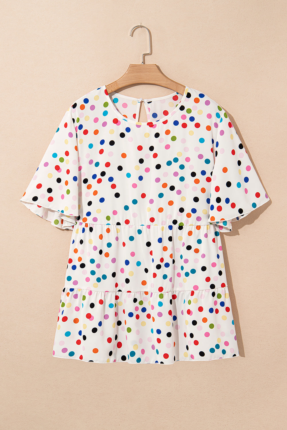 Beige Colorful Polka Dot Print Ruffle Plus Size Babydoll Blouse
