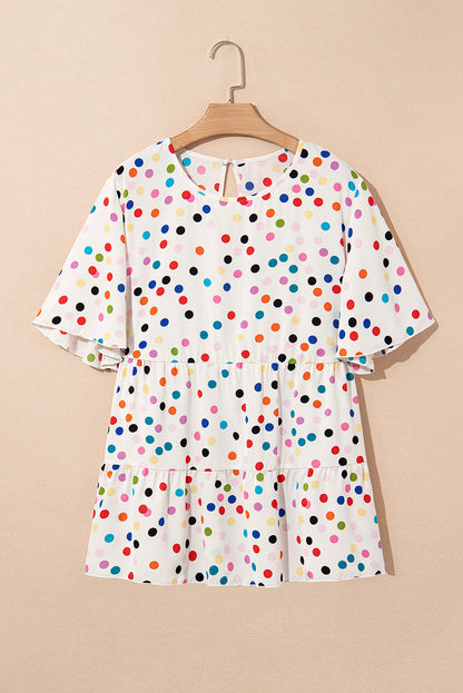 Beige Colorful Polka Dot Print Ruffle Plus Size Babydoll Blouse