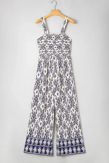 Blue Boho Geometric Print Smocked High Waist Wide Leg Jumpsuit