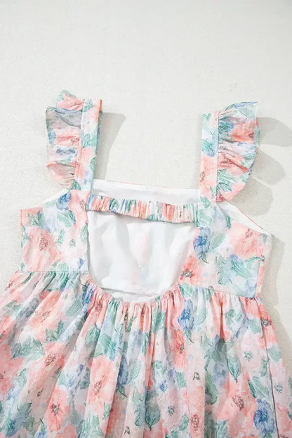 Pink Floral Print Square Neck Backless Dress with Slit