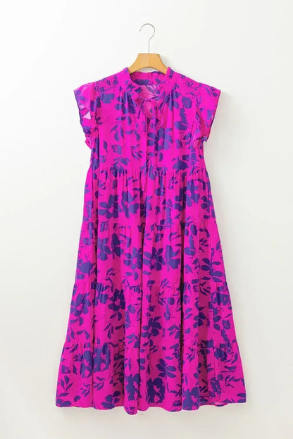 Rose Floral Print Tiered Flutter Sleeve Maxi Dress