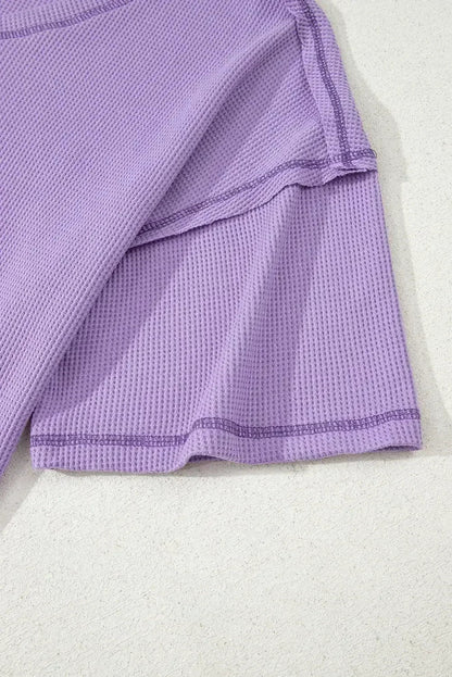Blue Exposed Seam Drop Sleeve V Neck Waffle Textured Top