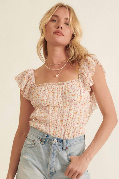 Floral Square Neck Gather Bodice Low Back Bodysuit