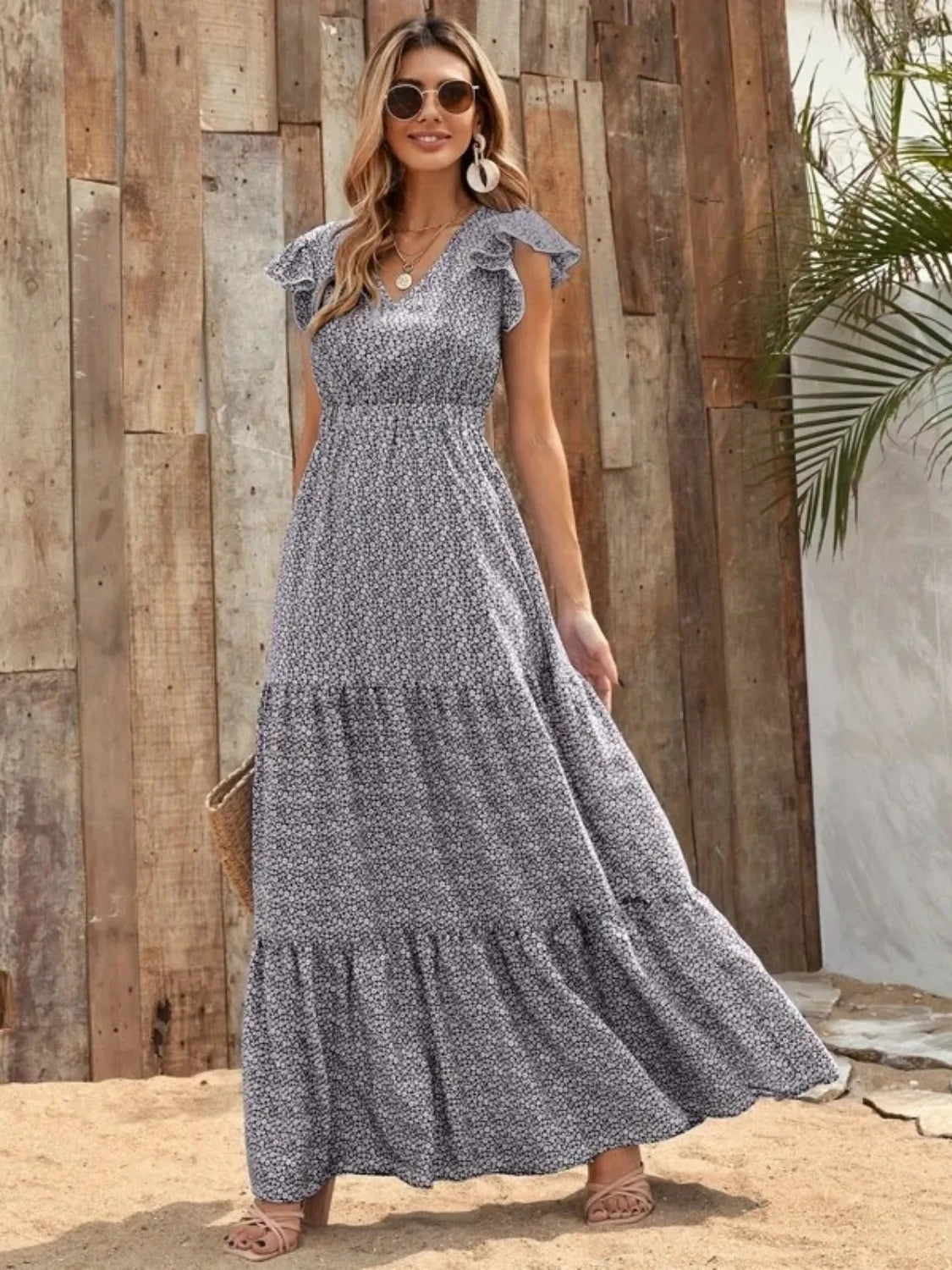Printed V-Neck Maxi Dress with Ruffle Sleeves
