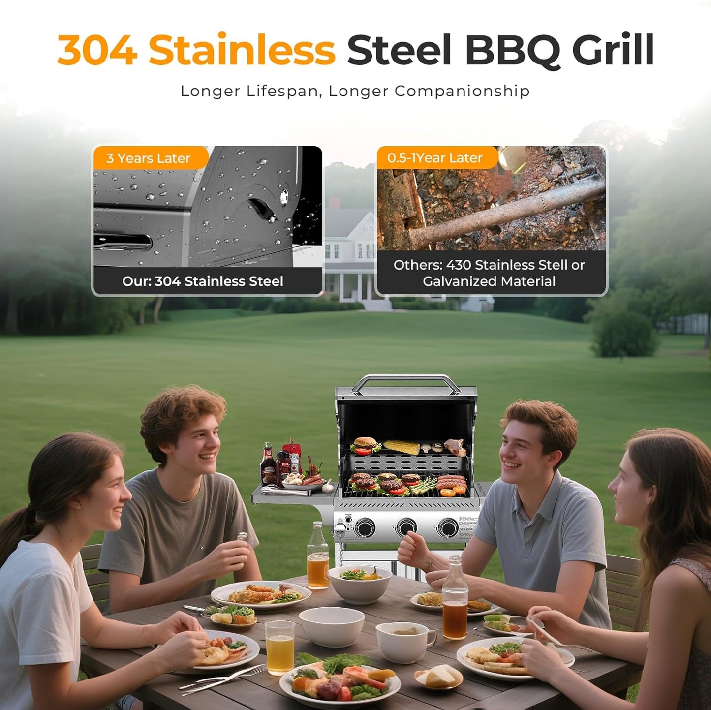 3 & 4-Burner Propane Gas Grills with Side Burners, for Outdoor Cooking, BBQ, Patio, Camping