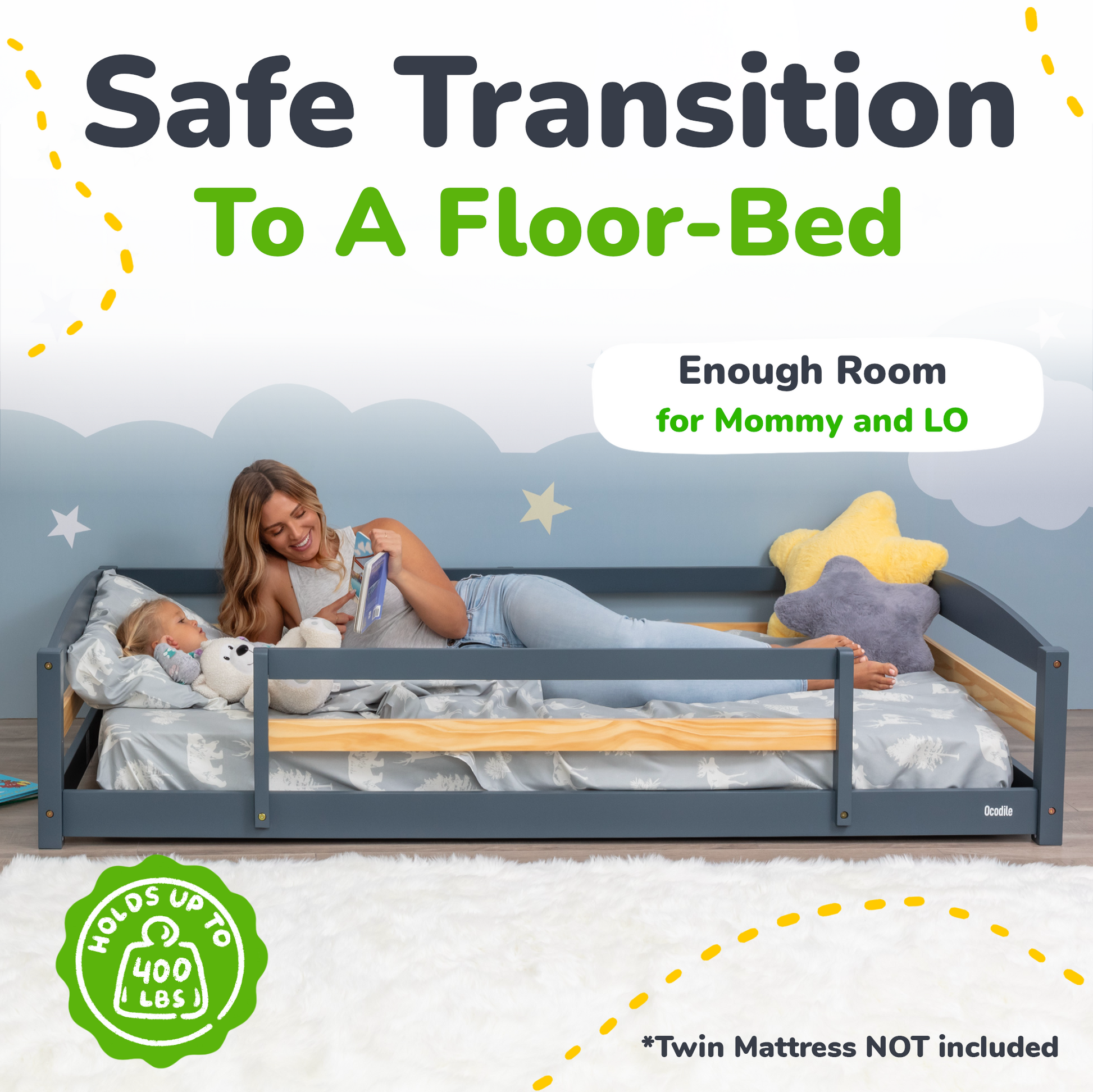 Advertisement for a floor-bed with a mother and child on it, set against a starry night sky wall.
