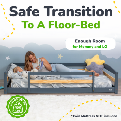 Advertisement for a floor-bed with a mother and child on it, set against a starry night sky wall.