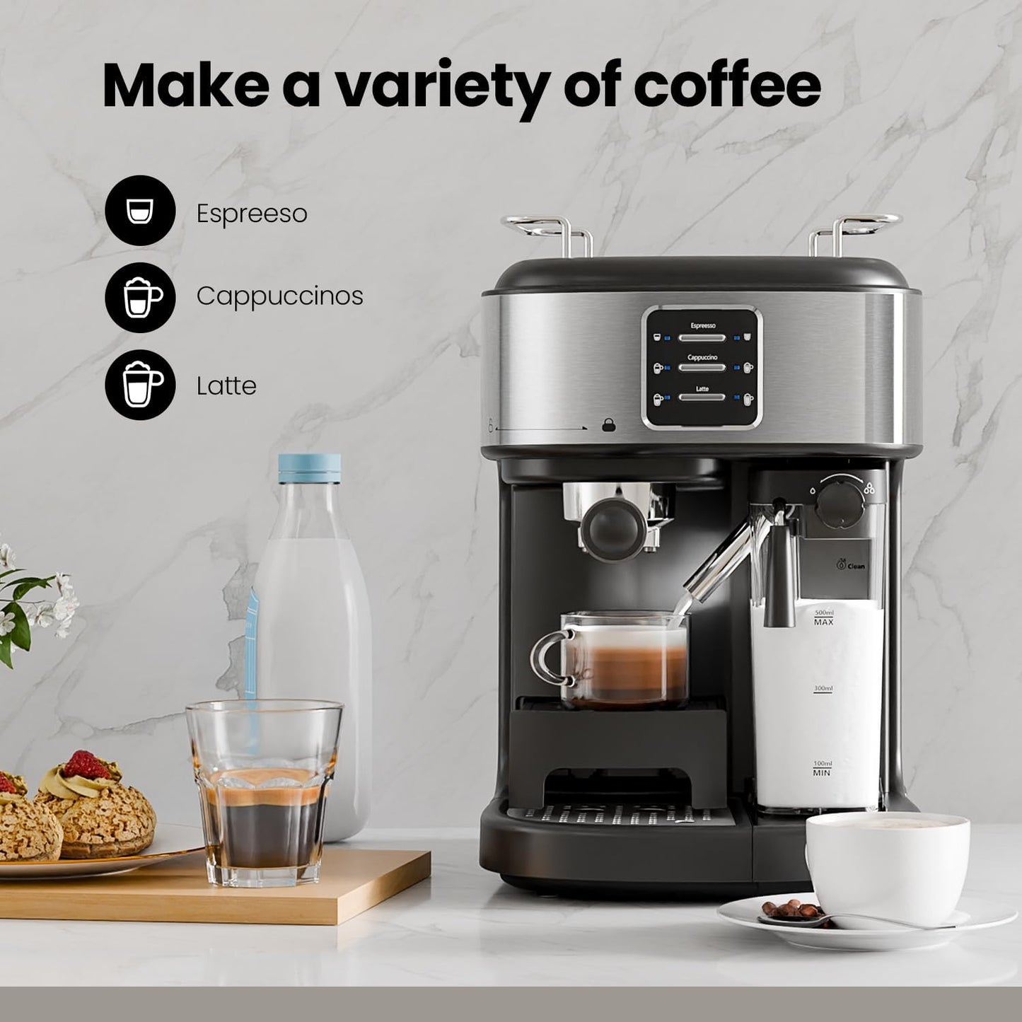 3 in 1 Professional Espresso Maker with Dual Heating System & Capsule Compatible CM8011