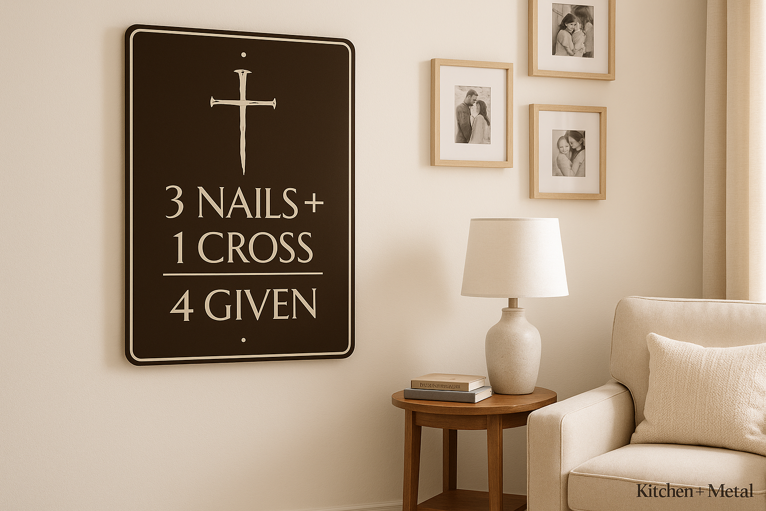 3 Nails + 1 Cross = 4 Given Sign in Peaceful Home Setting