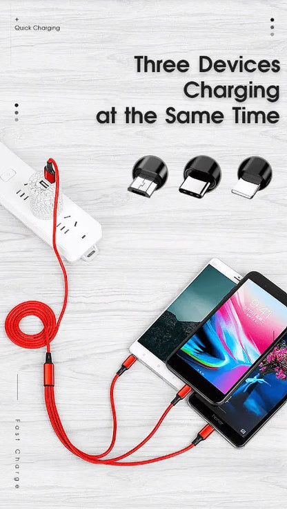 3 Port Fast LED Car Charger + 3 in 1 Cable Combo Red