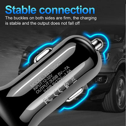 3 Port Fast LED White Car Charger + 3 in 1 Cable Combo Black