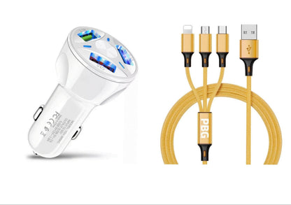 3 Port Fast LED White Car Charger + 3 in 1 Cable Combo Gold