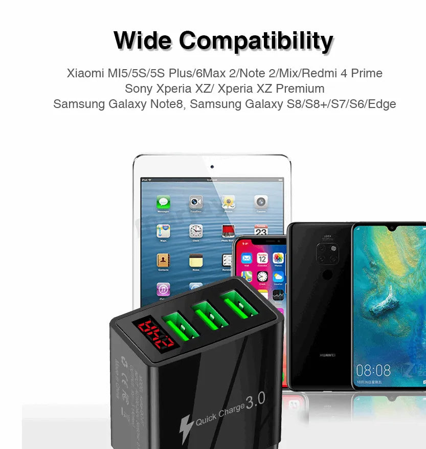 3 port LED Display Wall Charger  and 3 in 1 Cable Bundle Silver