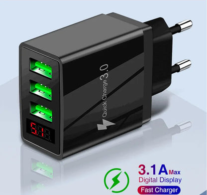 3 port LED Display Wall Charger  and 3 in 1 Cable Bundle Silver
