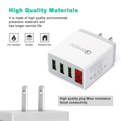 3 Port LED Fast Quick Charge QC 3.0 USB Hub Display Wall Charger Adapter US Plug