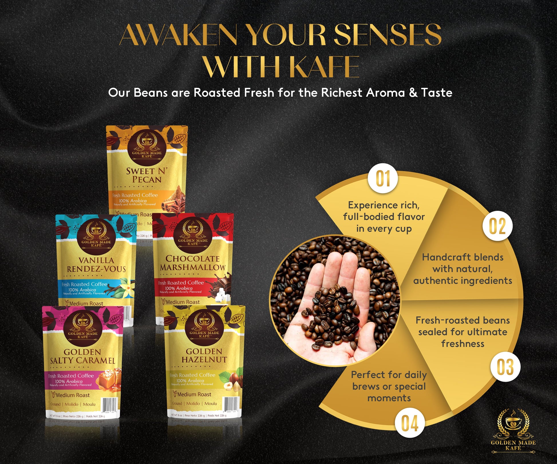 Kaff coffee packaging with various flavors on a black background