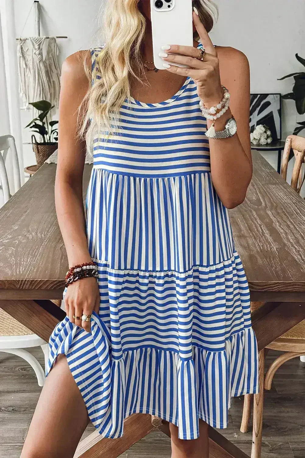 Black Stripe U Neck Sleeveless Loose Fit Mini Dress