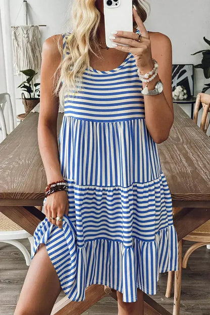 Black Stripe U Neck Sleeveless Loose Fit Mini Dress