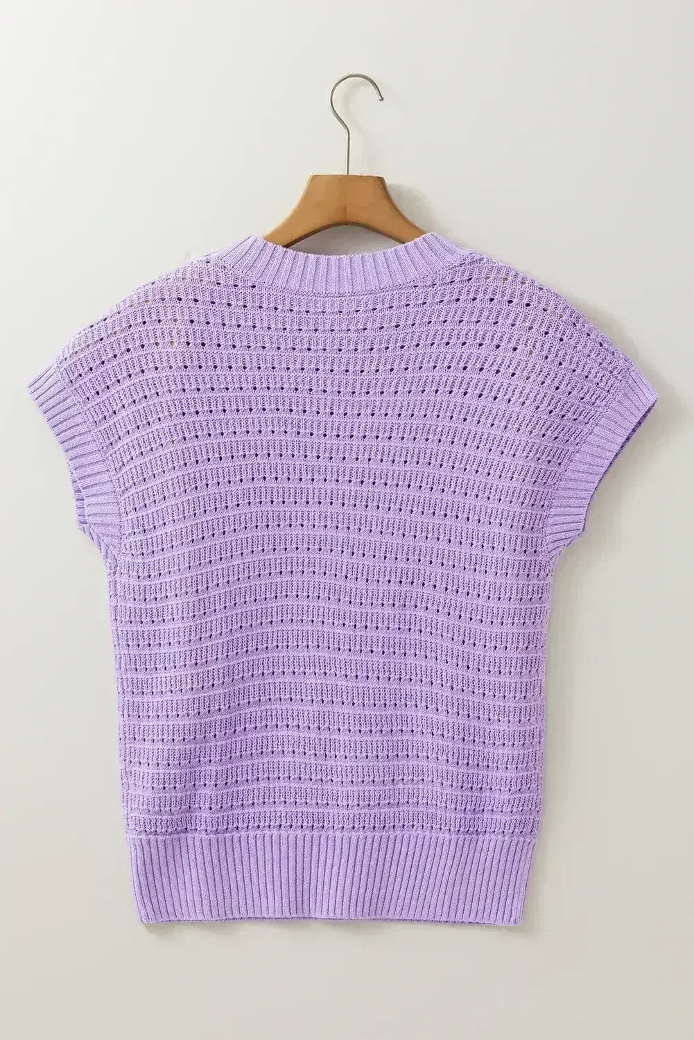 Lavendula Solid Color Ribbed Trim Pointelle Knit Top