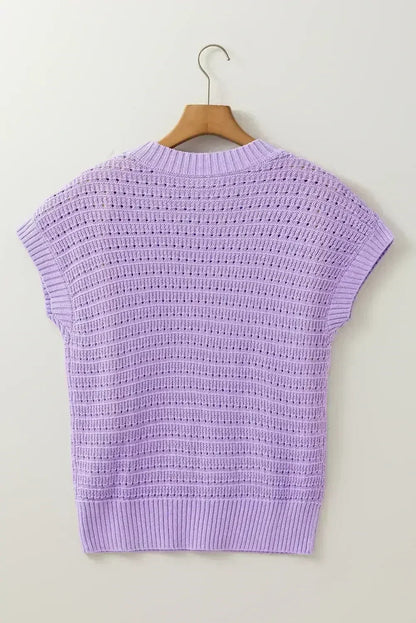 Lavendula Solid Color Ribbed Trim Pointelle Knit Top