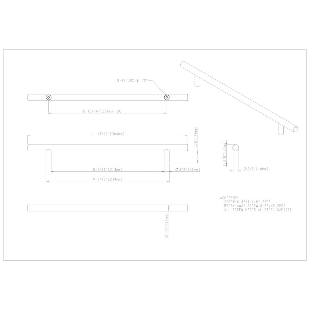 96 mm Center-to-Center Hollow Matte Black Stainless Steel Naples Cabinet Bar Pull