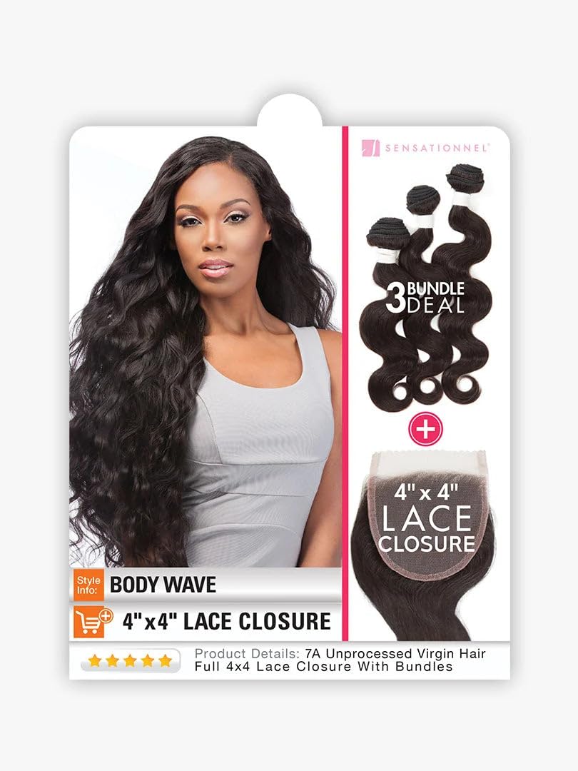 Sensationnel Virgin Remy Human Hair Weave Bare & Natural Body Wave 3pcs with 4"x4"Closure