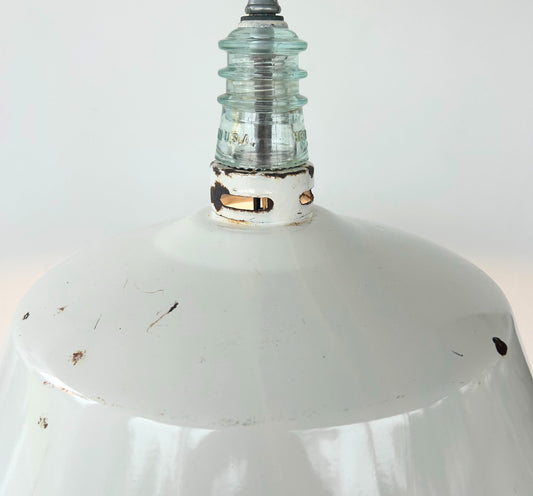 Antique White Enamel Pendant Light with Glass Insulator