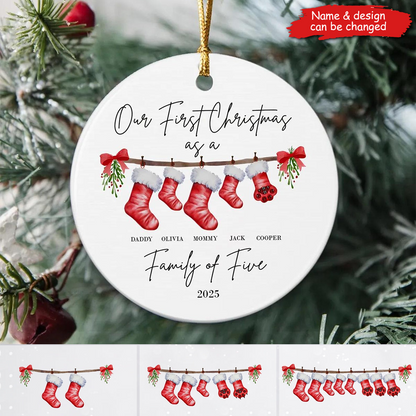 First Christmas as a Family Of Five With Pet - Personalized Ceramic Ornament - Babies First Christmas Gifts
