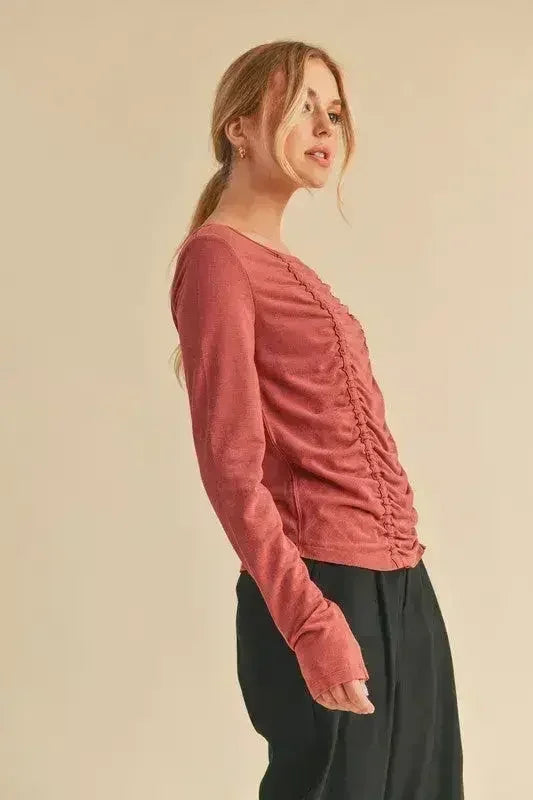 Ruched Front Long Sleeve T-Shirt - Slimming Top | Femstylo