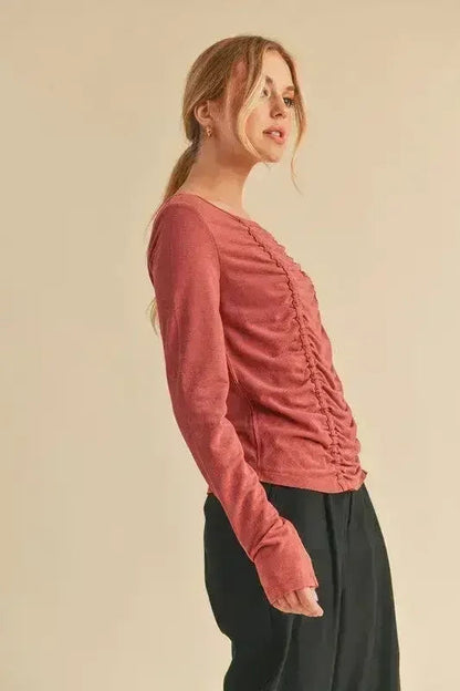Ruched Front Long Sleeve T-Shirt - Slimming Top | Femstylo