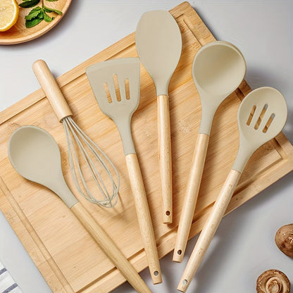 12Piece Silicone Kitchen Utensil Set with Wooden Handles