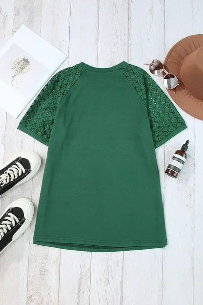 Pale Khaki Seamed Detail Contrast Lace Raglan Sleeve Tee
