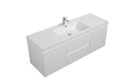 Aurora 60" Wall Hung Single Sink Bathroom Vanity with White Acrylic Countertop