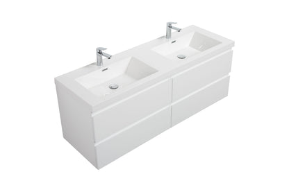 Aurora 60" Wall Hung Double Sink Bathroom Vanity with White Acrylic Countertop