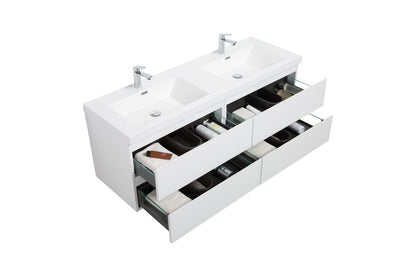 Aurora 60" Wall Hung Double Sink Bathroom Vanity with White Acrylic Countertop