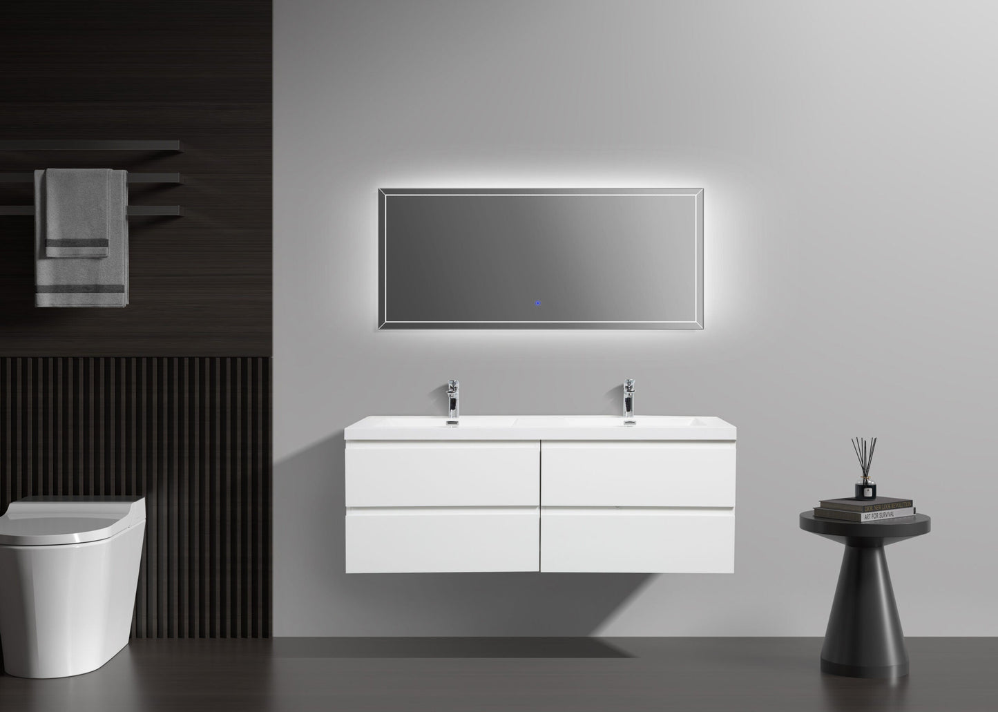 Aurora 60" Wall Hung Double Sink Bathroom Vanity with White Acrylic Countertop