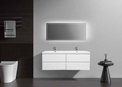 Aurora 60" Wall Hung Double Sink Bathroom Vanity with White Acrylic Countertop