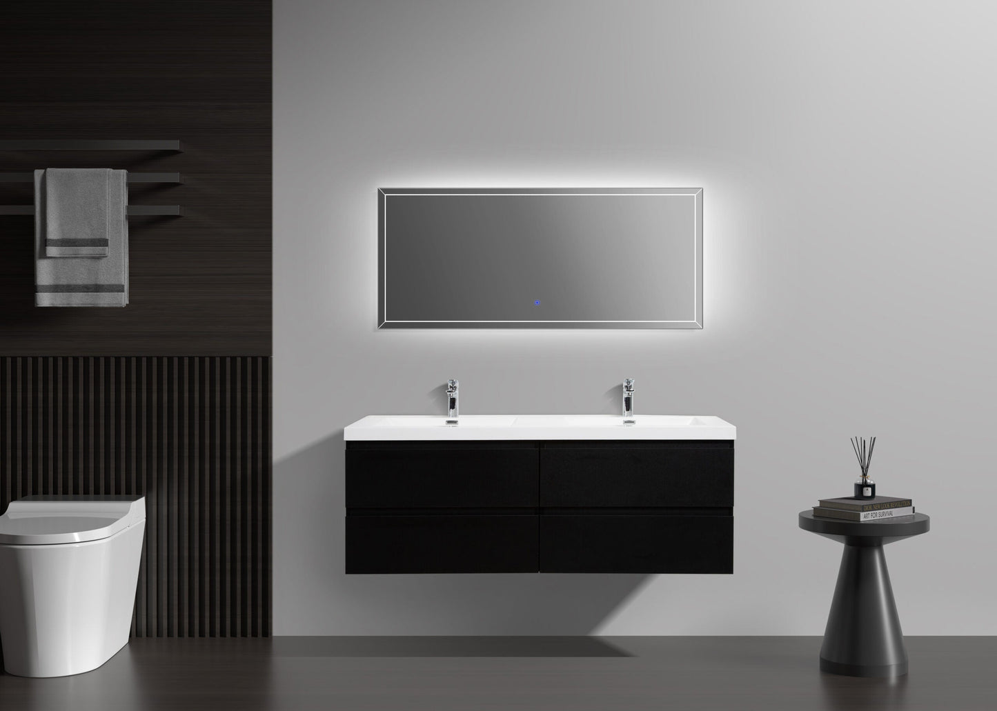 Aurora 60" Wall Hung Double Sink Bathroom Vanity with White Acrylic Countertop