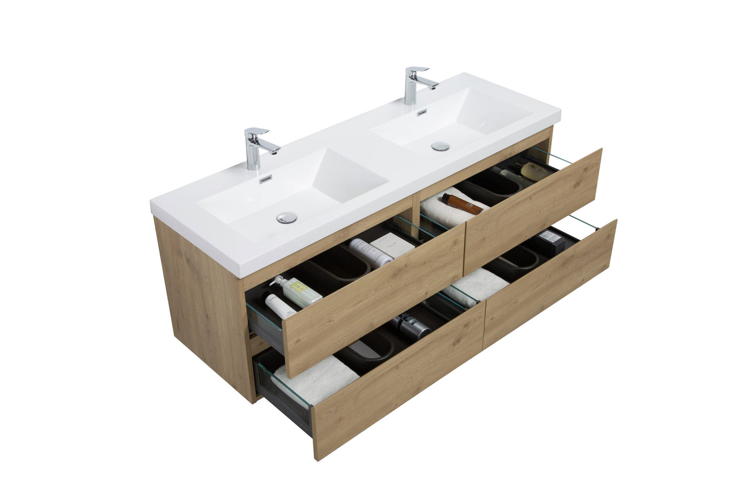 Aurora 60" Wall Hung Double Sink Bathroom Vanity with White Acrylic Countertop