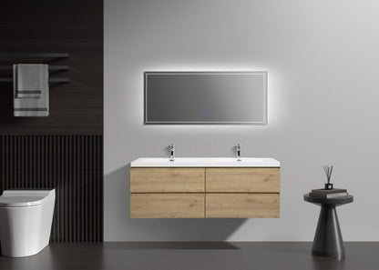 Aurora 60" Wall Hung Double Sink Bathroom Vanity with White Acrylic Countertop