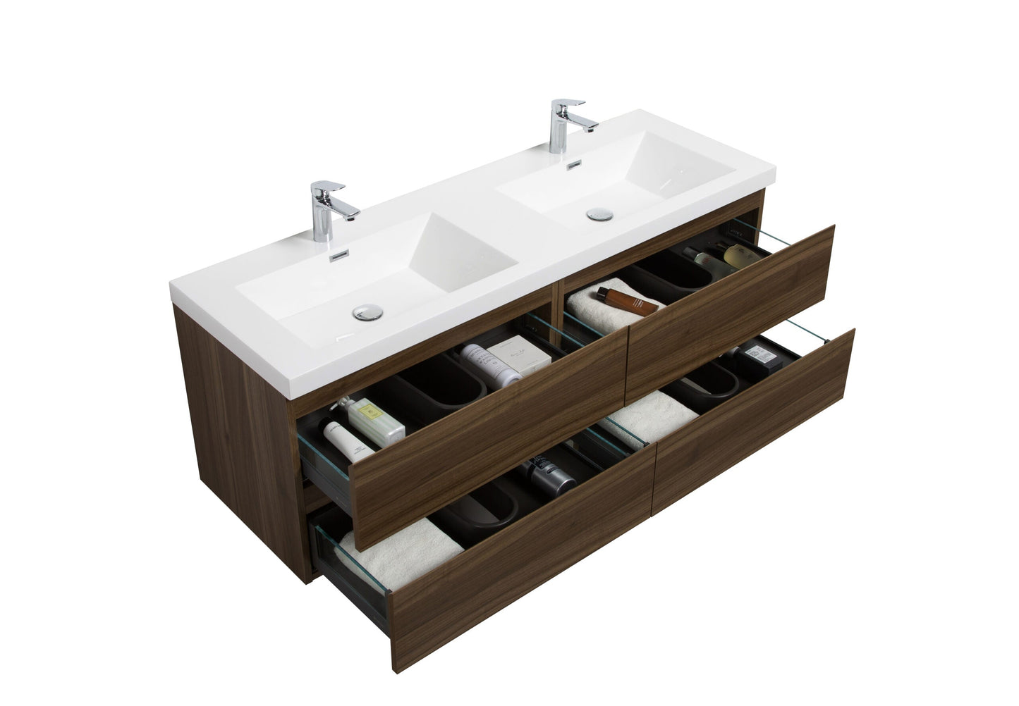 Aurora 60" Wall Hung Double Sink Bathroom Vanity with White Acrylic Countertop