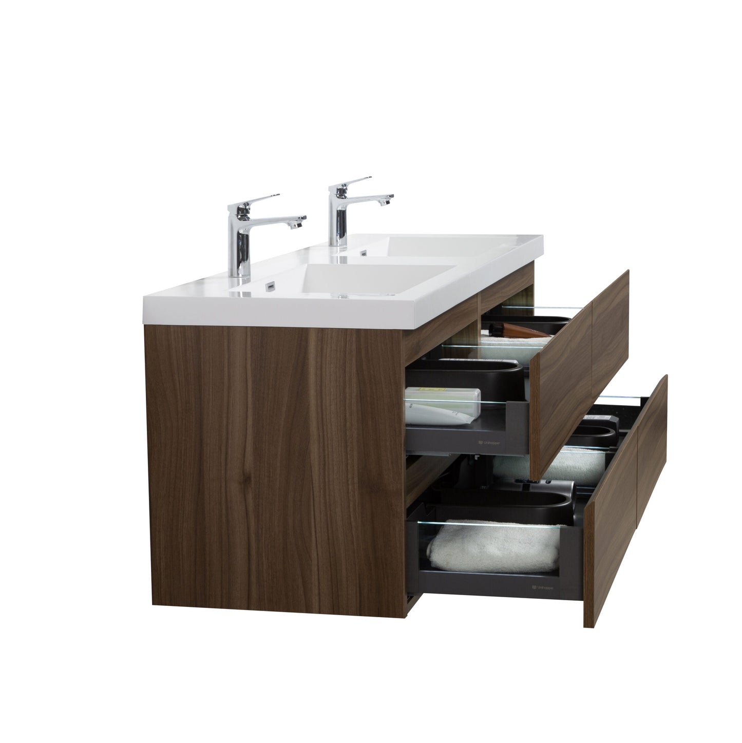Aurora 60" Wall Hung Double Sink Bathroom Vanity with White Acrylic Countertop