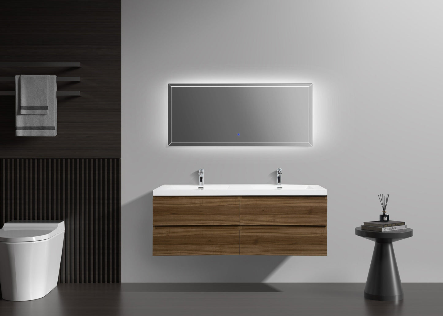 Aurora 60" Wall Hung Double Sink Bathroom Vanity with White Acrylic Countertop