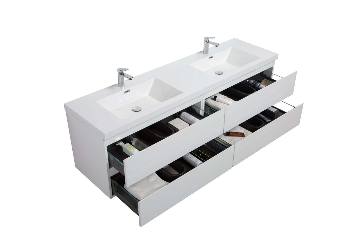 Aurora 72" Wall Hung Double Sink Bathroom Vanity with White Acrylic Countertop