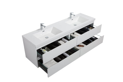 Aurora 72" Wall Hung Double Sink Bathroom Vanity with White Acrylic Countertop