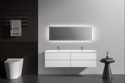 Aurora 72" Wall Hung Double Sink Bathroom Vanity with White Acrylic Countertop